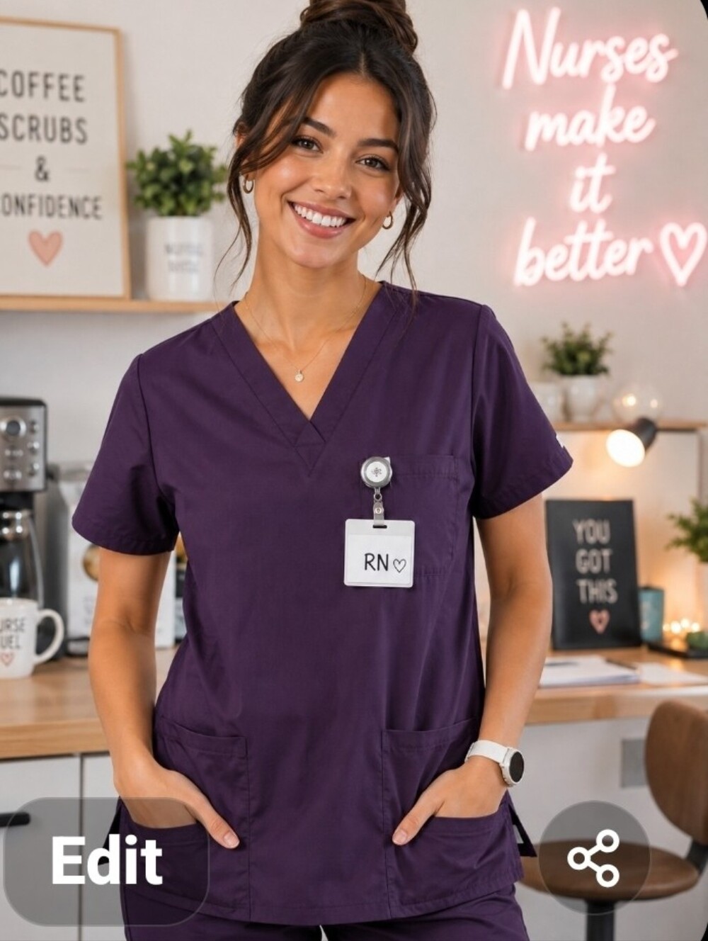 Fashion Seal Healthcare Purple V-Neck Nurse Scrub Top Size M Slit At Sides *